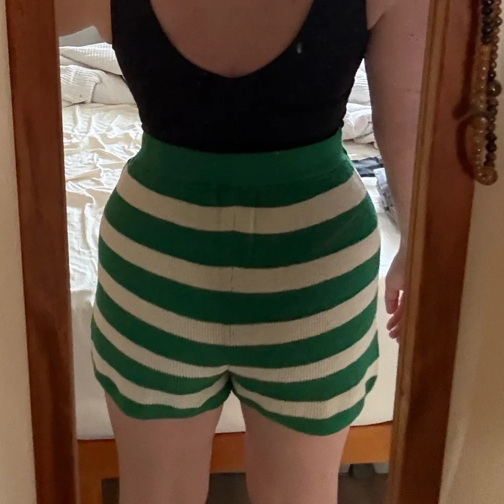 Free People High-Waist Green and Cream Striped Knit Shorts